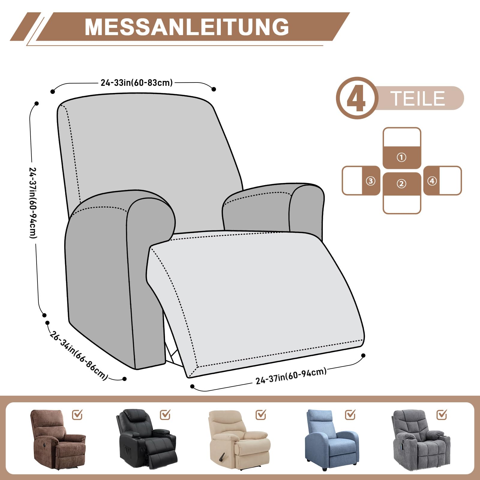 TAOCOCO Stretch Sesselschoner für Relaxsessel mit Armlehnen, Jacquard Sesselüberzug für Fernsehsessel, weich und waschbar Sesselbezug für Haushalte mit Kindern und Haustieren (1-Sitzer, Schokolade)