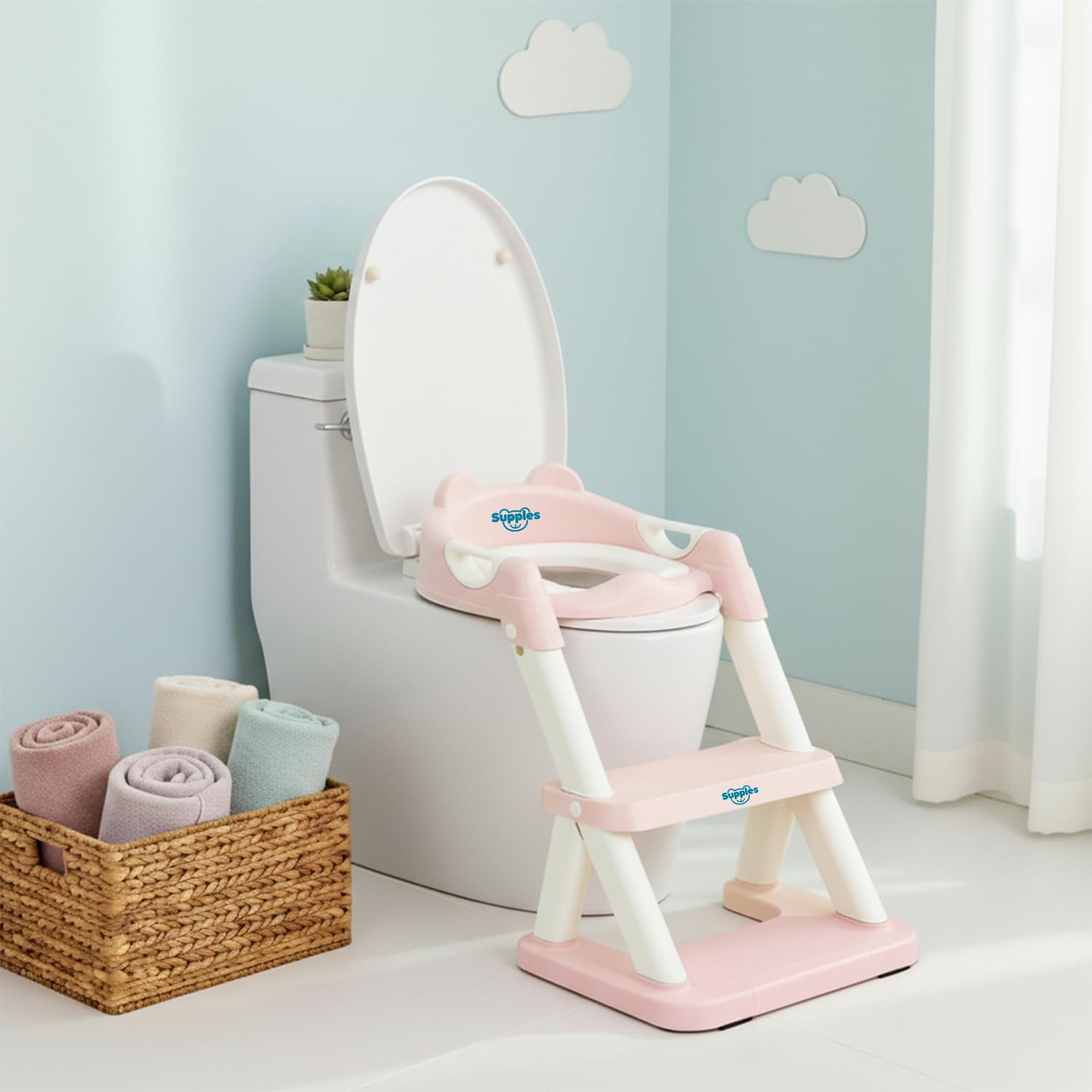 Amazon Brand - Supples Baby Potty Training Seat with Ladder | Fits All Standard Toilets | for 2+ Year Old | Safe, Comfortable & Easy to Use | Pink & White-image-8