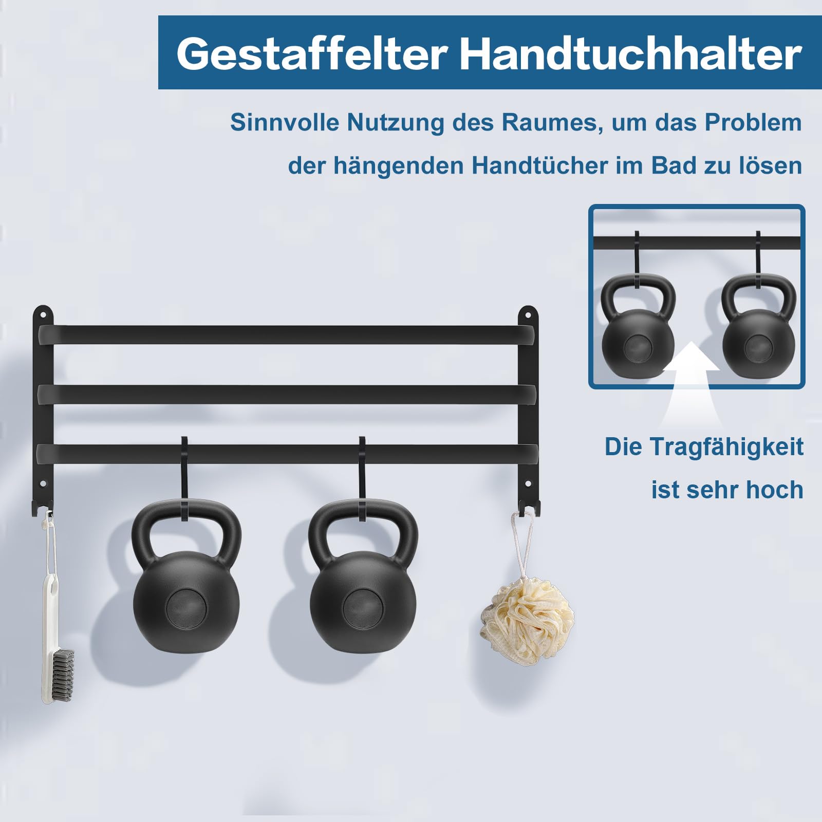 Toallero negro 80 cm, toallero sin taladrar, toallero de aluminio, montaje en pared, barra de 3 pisos con ganchos, toallero para baño, cocina, baño, accesorios