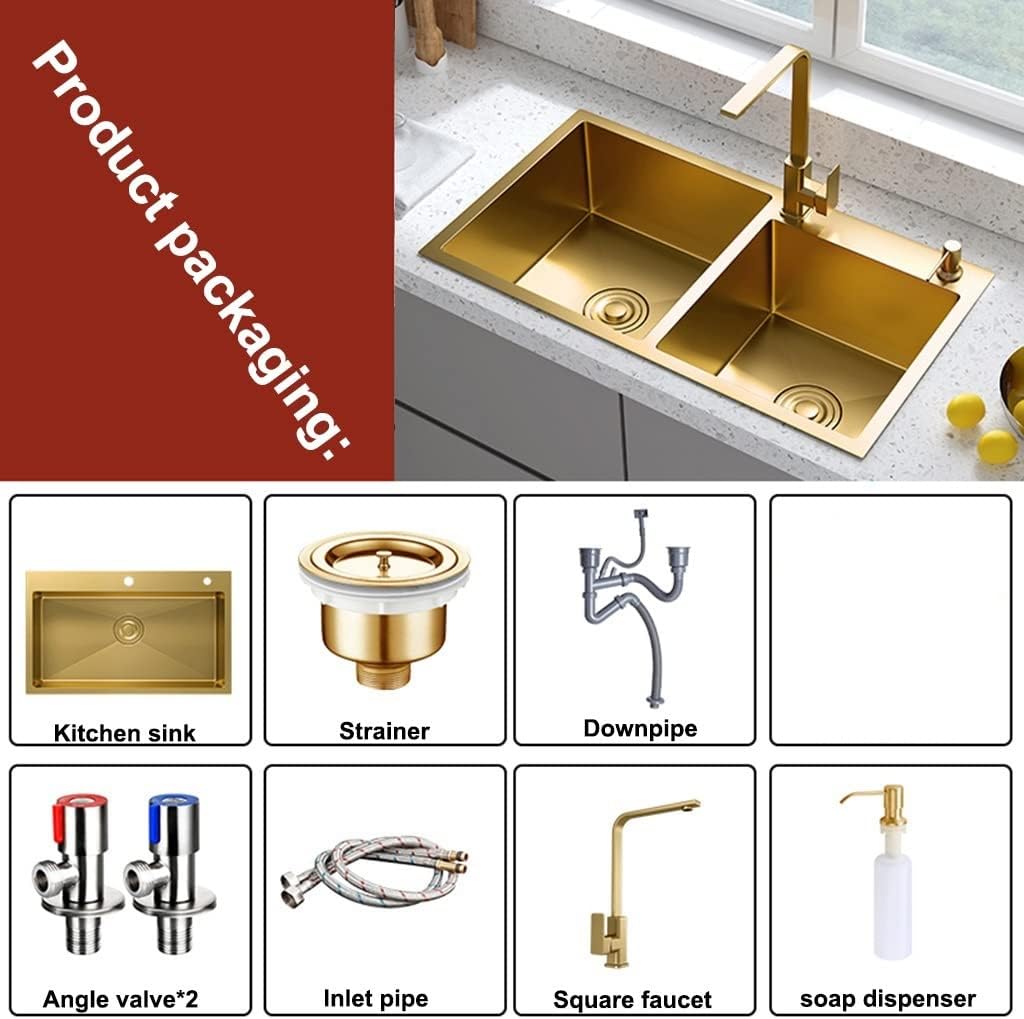 Large Gold Double Bowl Bar Prep Sink Home 304 Stainless Steel Kitchen Sink RV Sink Drop-in Or Undermount (Color : Gold-1, Size : 80x45x22cm) (Gold3 75x40x22cm)