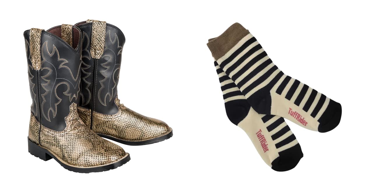 TuffRider Children's Snake In My Boot Western Boot- 1- Black-Orange With Free Assorted Striped Socks