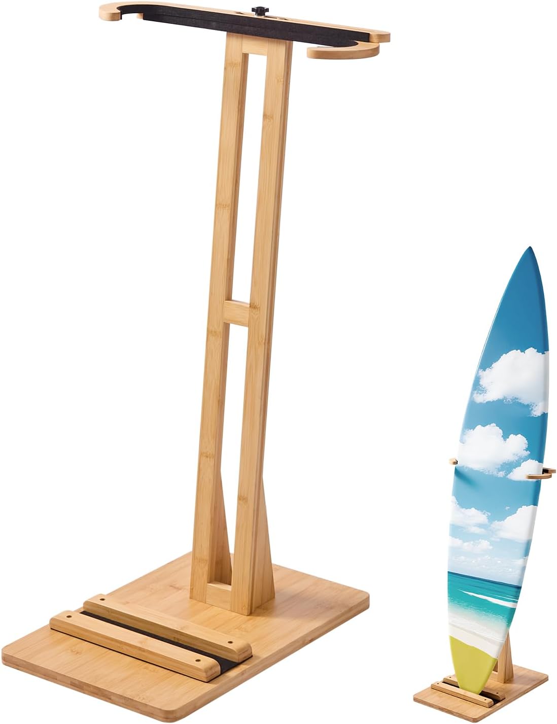 VEVOR Freestanding Bamboo Surfboard Rack, Adjustable Display & Storage Stand for Longboards and Shortboards, Padded Surf Board Holder for Indoor Garage or Shop Use