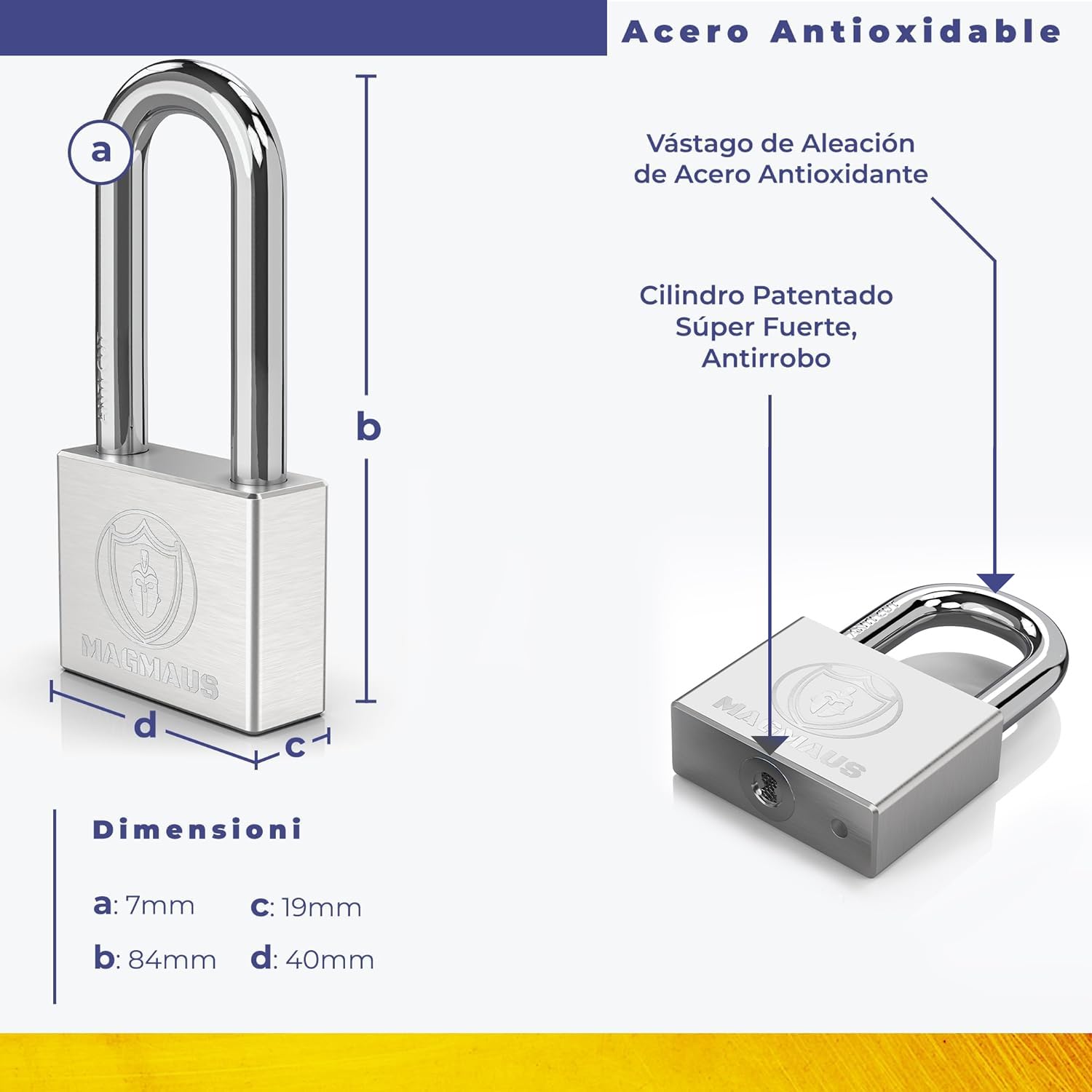 Magmaus® PDE/40 Candado de Acero Antioxidable Resistente a la Intemperie. Protección de Alta Seguridad. Candados para Puertas, Trasteros y Cobertizos
