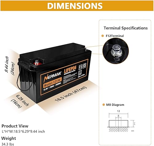 Miniatura 2 de NERMAK Batería de ciclo profundo LiFePO4 de litio de 12 V 150 Ah, más de 4000 ciclos, batería recargable de fosfato de hierro y litio para solar,