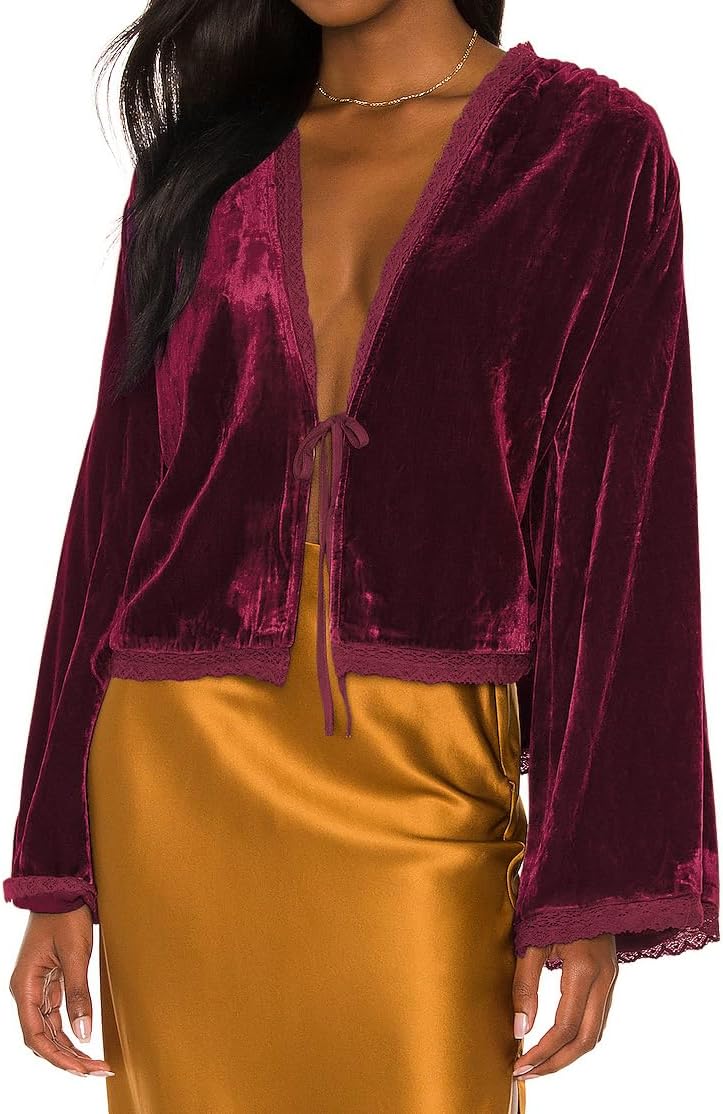 R.Vivimos Women's Fall Velvet Casual Jackets Bell Long Sleeve Tie Front Lace Trim Loose Vintage Kimono Cardigan Short Coat