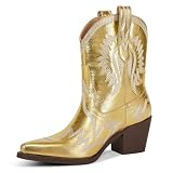 HOCHFART Cowgirl Boots For Women Embroidered Pointed Toe Western Boot Chunky Low Heel Pull-On Short Cowboy Boots Wide Calf Country Ankle Booties, Gold Size, 8.5