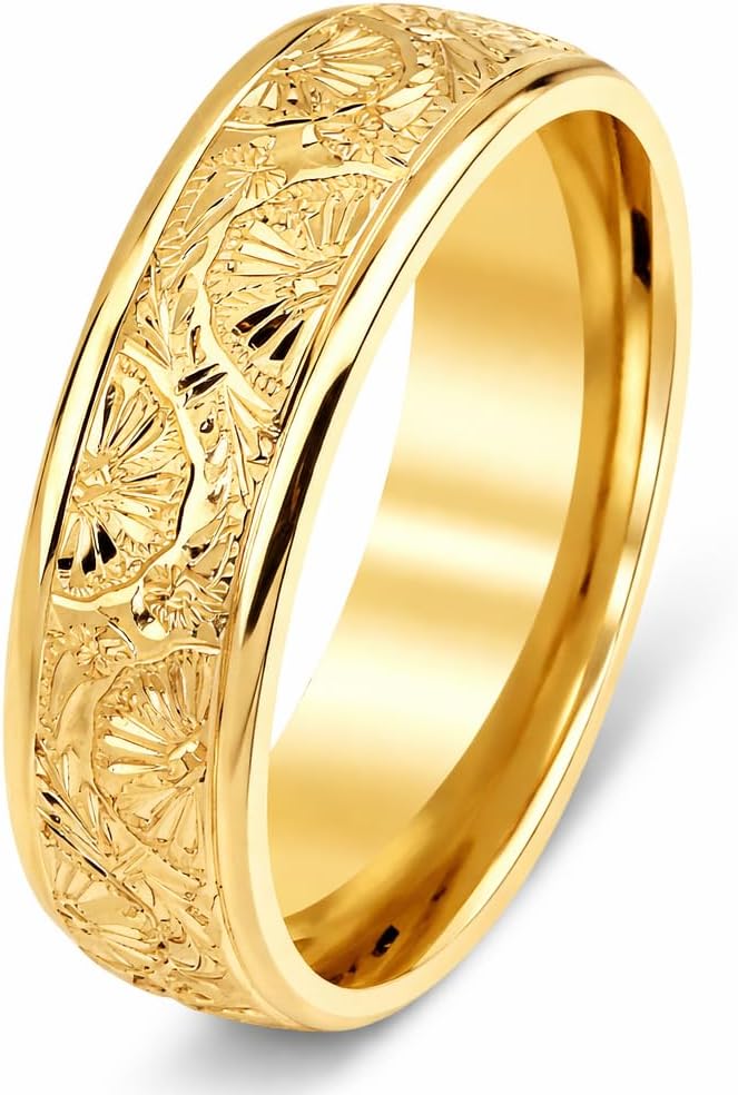 18K Yellow Gold 6mm Engraved Band Ring for Men & Women | Hand-Carved Floral Pattern Wedding Ring | Comfort Fit Anniversary Promise Jewelry