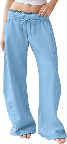 Women's Wide Leg Sweatpants - Y2K Baggy Straight Leg Lounge Pants With Drawstring & Pockets