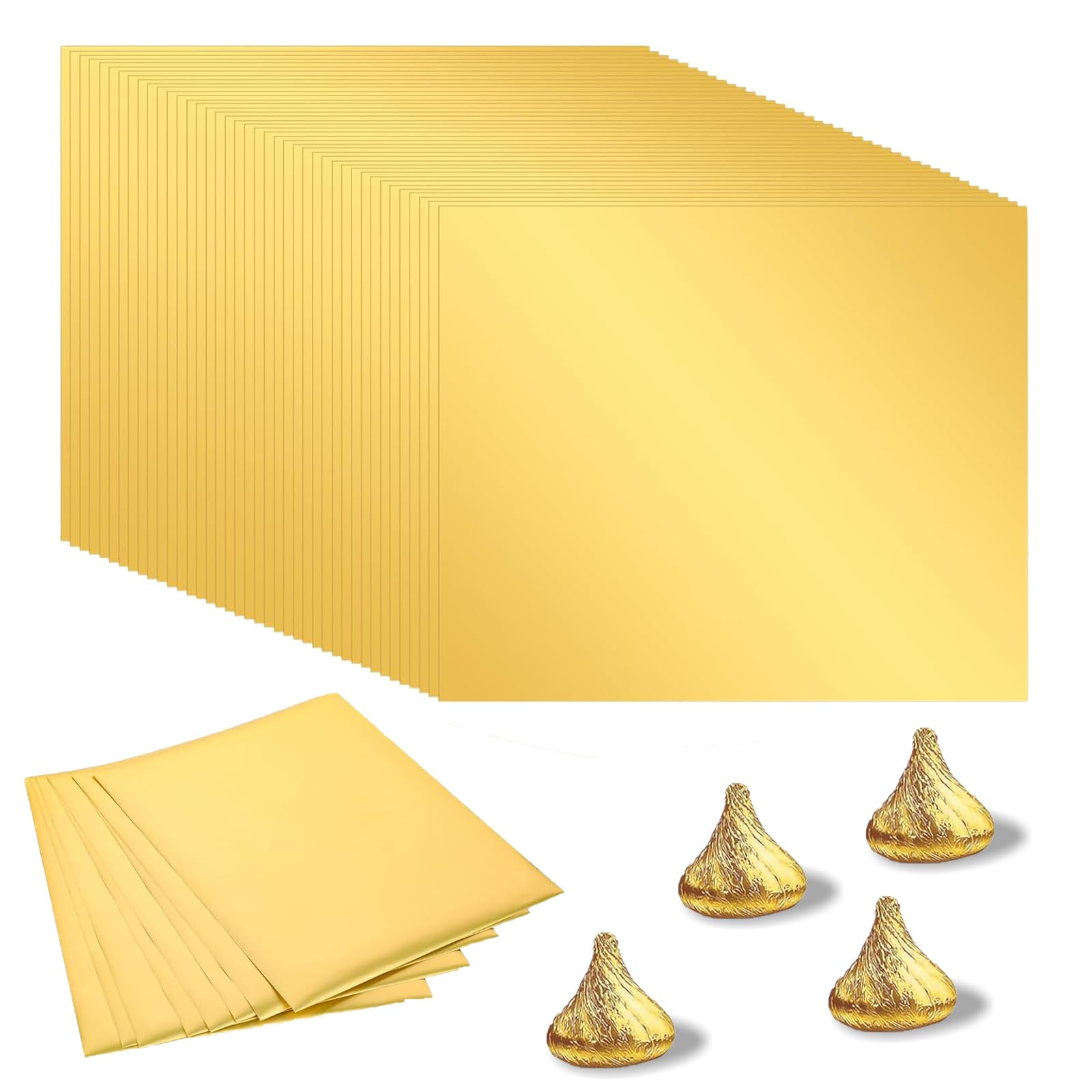 100 Hojas de Envoltorios de Caramelo de Chocolate, Envoltorio de Papel Dorado de 16x19 cm, Papel de Aluminio Cuadrado, Adecuado para Bodas, Fiestas de Cumpleaños (Lustroso)