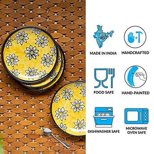Image of ExclusiveLane 'Californian Sunflowers' Handpainted Small Ceramic Plates Set Ceramic Quarter Plates Side Plates for Snacks Plates (Set of 4, 7 Inches, Dishwasher & Microwave Safe)