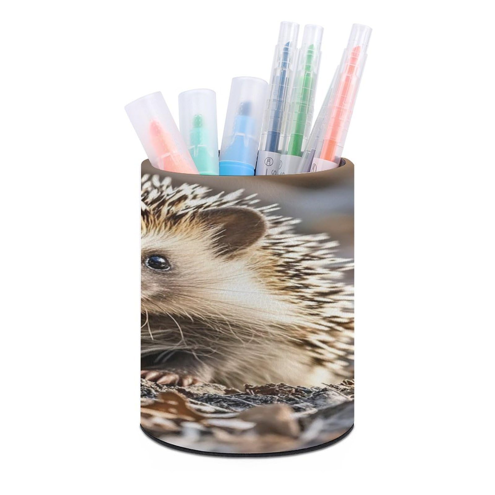 Hedgehog Pen Holder Multi-Functional Round Pencil Holder Cute Office Decoration Pen Cups Simple Design PU Leather Paintbrush Cups for Home Office Desk