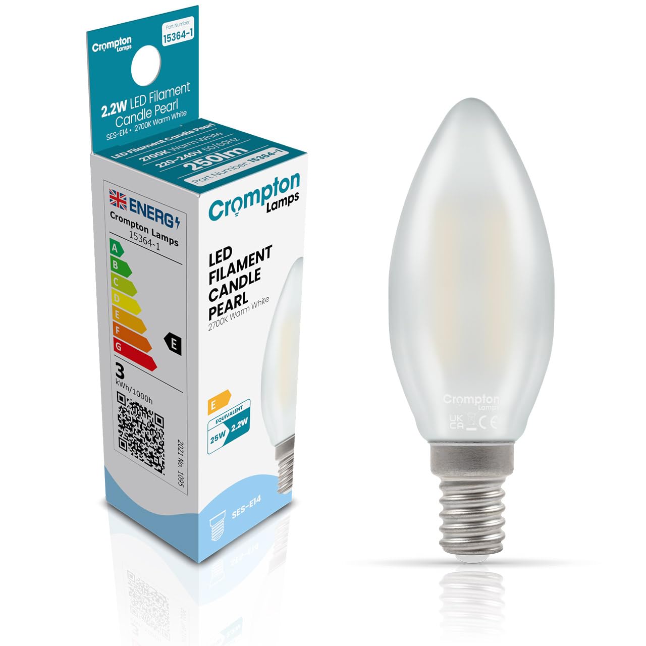 Crompton Lamps Filament Candle LED Light Bulb SES-E14 | 2.2W = 25W Equivalent | Warm White 2700K | Energy Efficient | Small Screw Lightbulb | Long Life 15000-Hrs | Pearl Glass | Dimmable โ image 1