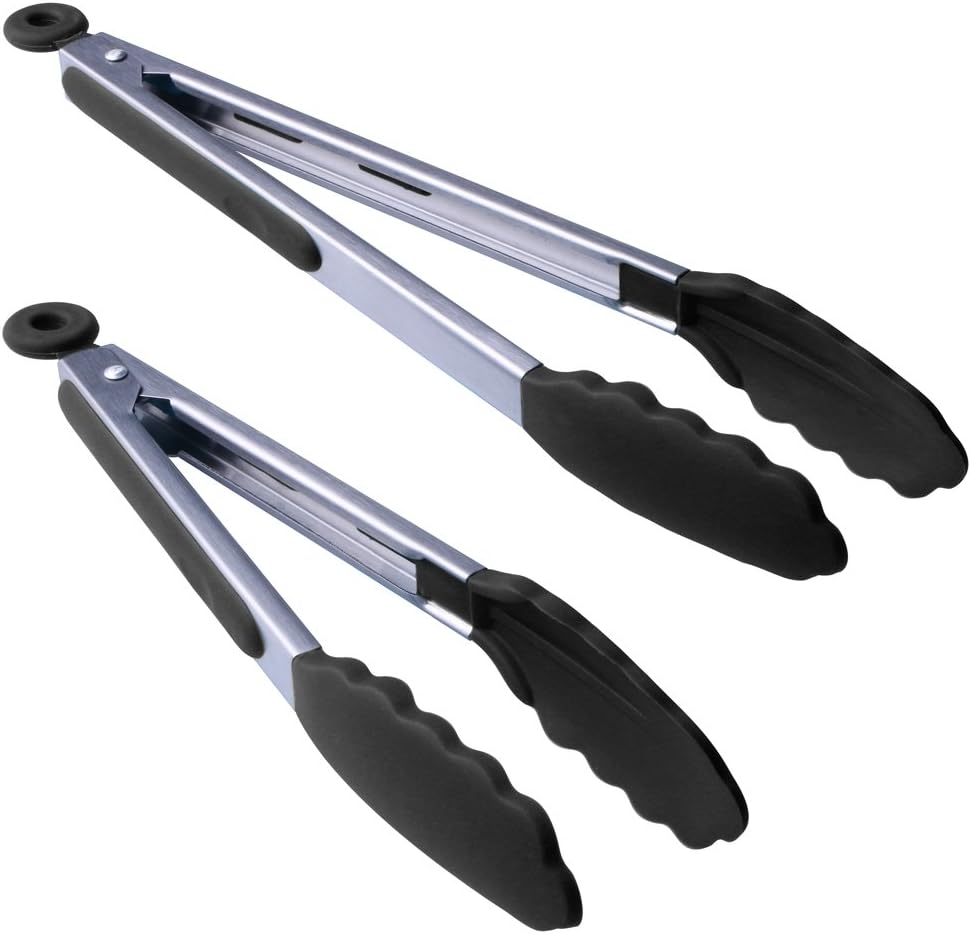 Silicone Kitchen Tongs Set – Salad Grill & Food Tongs with silicone heads, Friendly Non-Stick 2 Pack 9 inch/12 inch, black