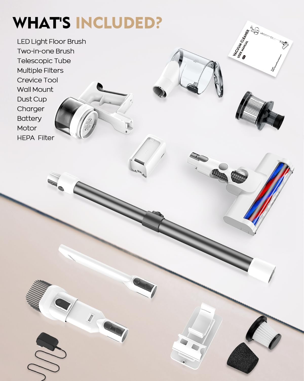 Cordless Vacuums, 80,000PRM Powerful Motor Vacuum Cleaner and 2200mAH Rechargeable Battery up to 35 Mins Worktime, 2 Adjustable Modes, Detachable Parts, Wireless Stick Vacuum (Onion White) - Image 7