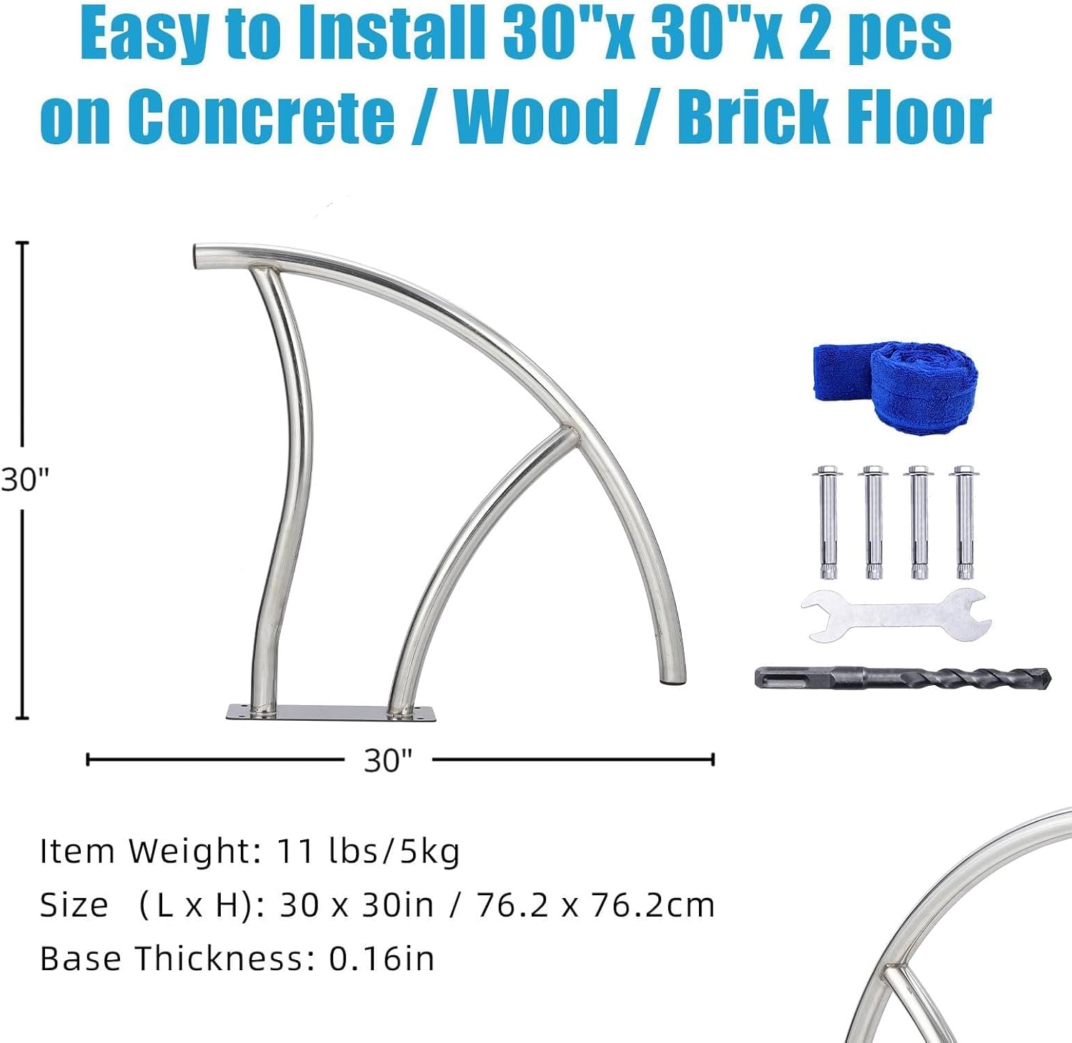 "Sturdy 304 Stainless Steel Pool Handrails 30"x 30" - Easy Installation, Wide Base, Rustproof with Blue Grip Cover - Supports up to 380 lbs - Ideal for Inground Pools"