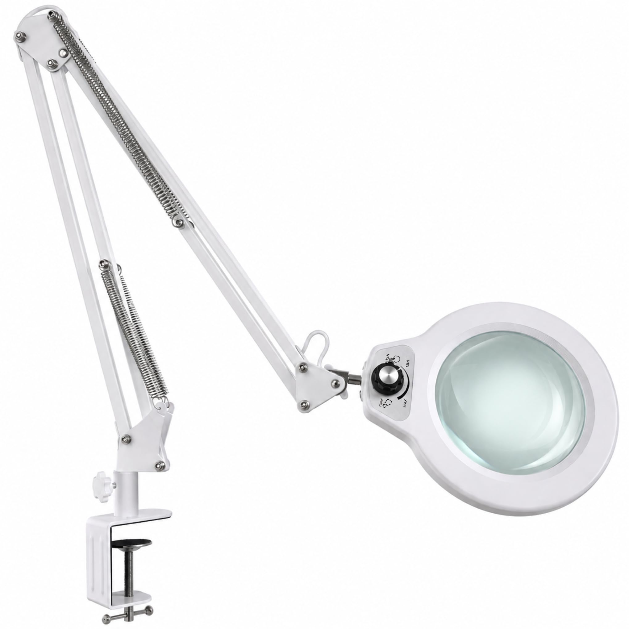 Lámpara Lupa con Pinza de Sujeción, Gran Lente de Cristal 5D | Lente de 12,5 cm, 100 LED, 5 colores, brazo 1 m, fuente 12V, mordaza 6,4 cm, estética, lectura, trabajo de detalle