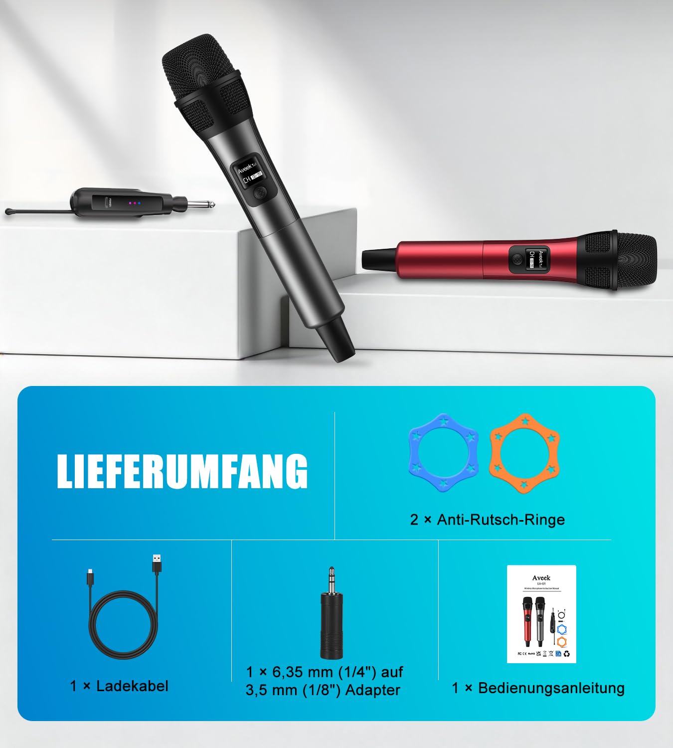Aveek Kabelloses Karaoke-Mikrofon mit 80 m Reichweite & 40 Std. Akku – wiederaufladbar, klarer Klang, sofort einsatzbereit für Karaoke, Bühnenauftritte, Vorträge, Rot & Schwarz, 2er-Pack | Stabiles Funksignal, High-Fidelity-Klang, < 2 ms Latenz, faltbarer