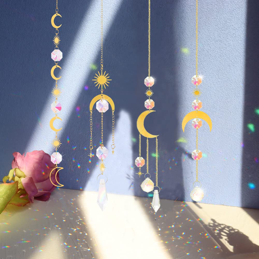 Set of 4 Suncatcher Crystal Wind Chimes Gold Moon Star Rainbow Crystals Pendant Crystal Hanging Wind Chime Crystals Decorative Pendant for Window Home Garden Christmas Day Wedding Decoration