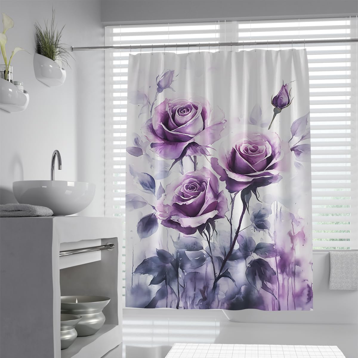 UIRINGART Purple Rose Floral Shower Curtain W200xL220cm Watercolor Print Waterproof Mildew Resistant Quick Dry Bathroom Curtain with Hooks