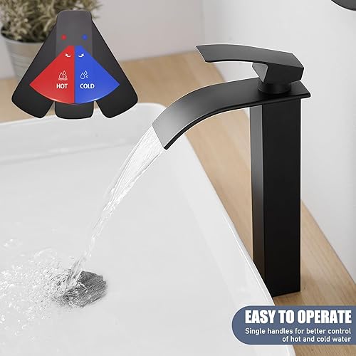 Miniatura 5 de RUMOSE Grifo de baño alto negro mate con drenaje emergente, moderno, de una sola manija, un agujero, grifo de lavabo de cascada, grifo de lavabo de