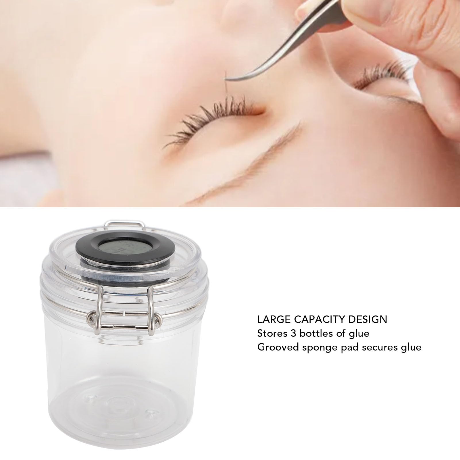 200ml Glue Storage Container for Eyelash Extension Temp Humidity Display Sealed Leak Proof Transparent Eyelash Glue Storage Jar