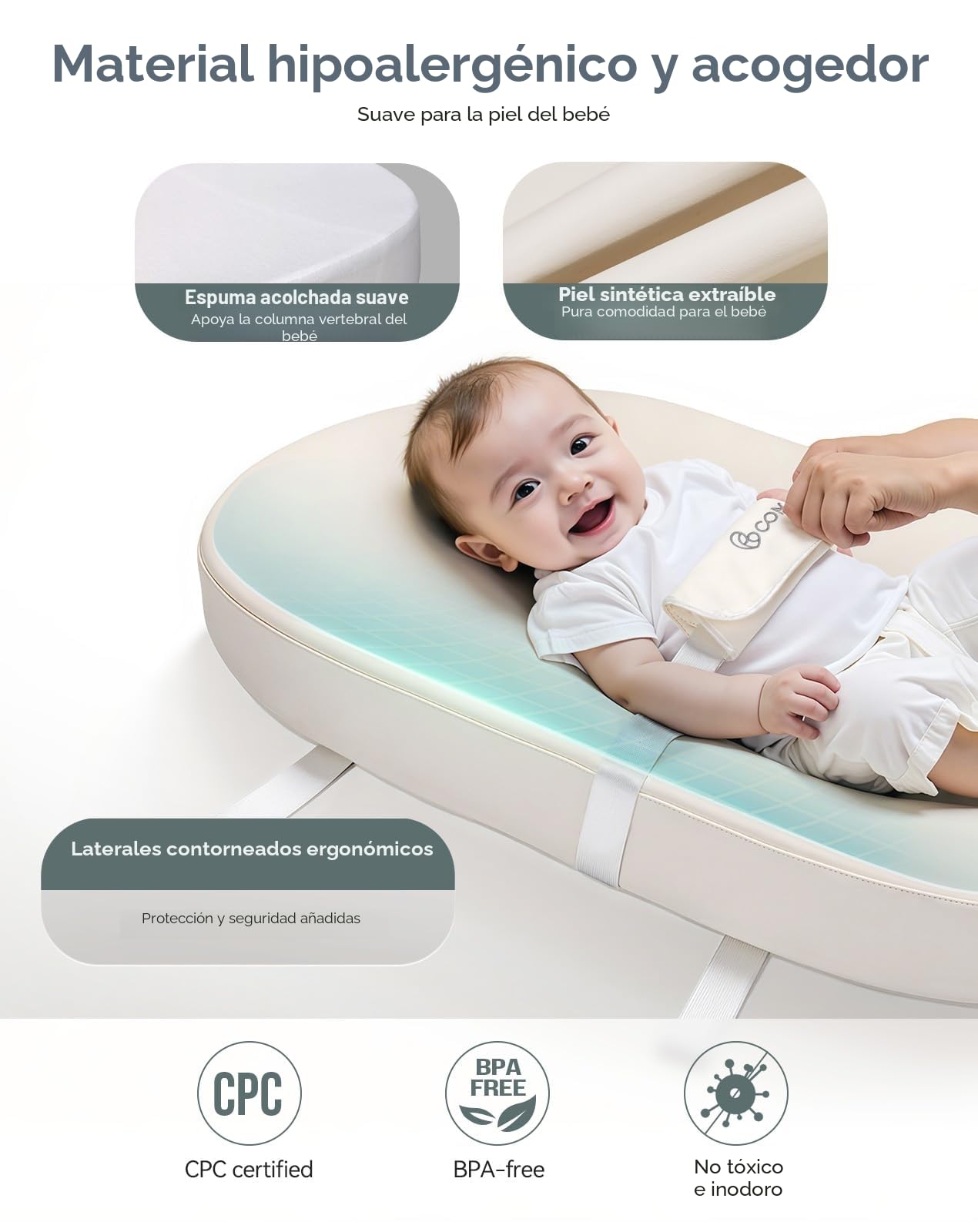 COMOMY Cambiador de piel vegana, 80 x 40 cm, impermeable y lavable, con cinturón de seguridad y diseño antideslizante, suave y ligero (beige)