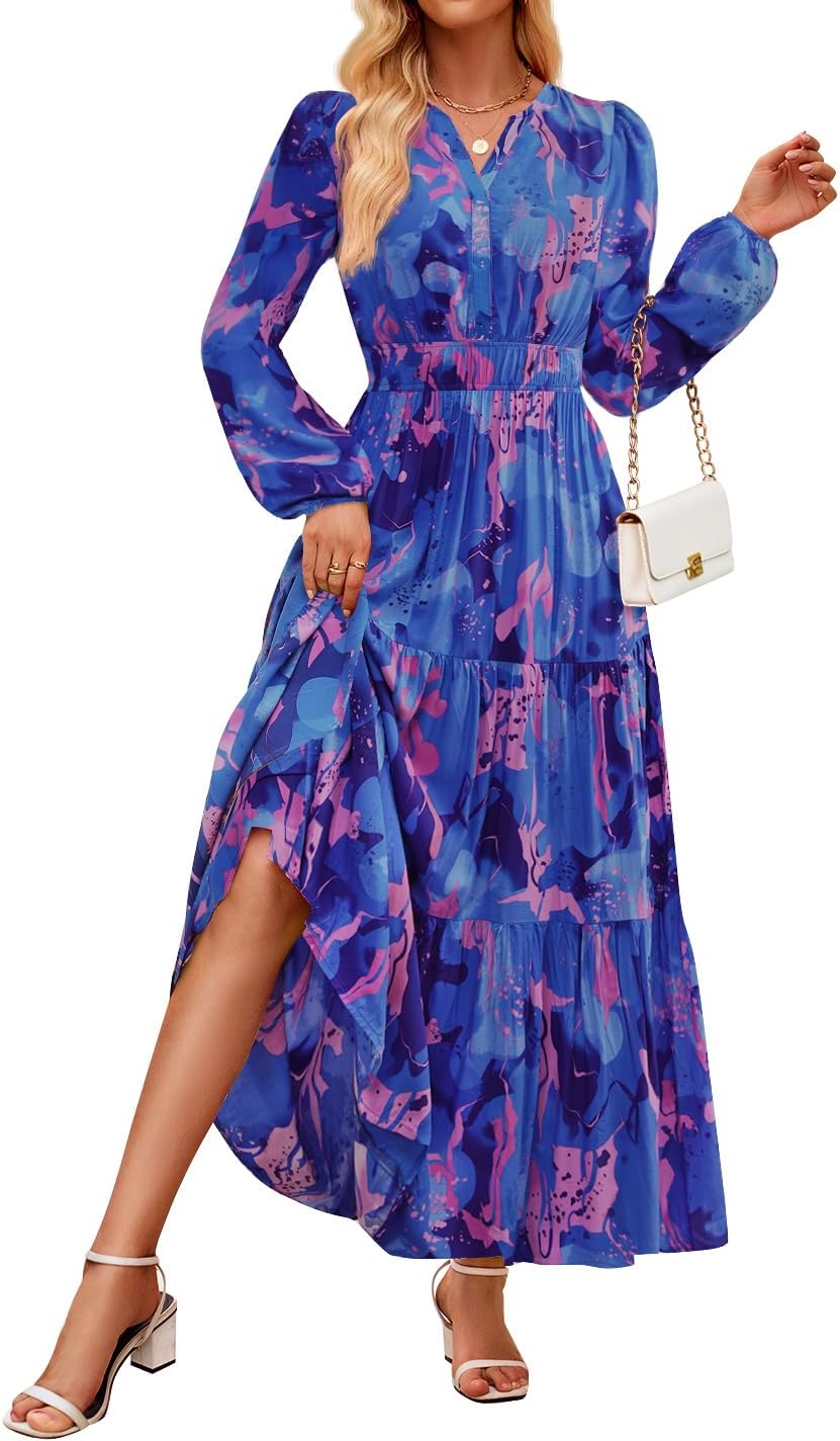 ZESICA Women’s 2025 Fall Long Sleeve Maxi Dress Floral Print V Neck Empire Waist A Line Tiered Flowy Boho Party Dresses