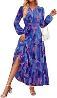 ZESICA Boho Floral Long Sleeve Maxi Dress for Women V Neck Empire Waist A-Line Flowy Casual Wedding Guest Fall 2025