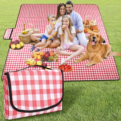 ZOUFRIDN Extra Large Tartan Picnic Blanket, 200x200cm Beach Blanket Waterproof Sand Proof Backing Foldable Outdoor Picnic Rug Mat with Handle for Camping, Park, Garden, Hiking (Red)