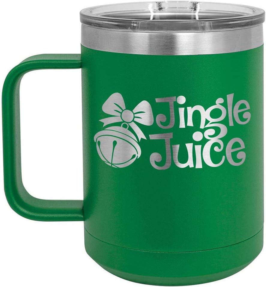 JINGLE JUICE Green 15 oz Coffee Cup w/Slide Top Lid | Insulated Travel Coffee Mug | Fun Christmas Designs and Gift Ideas From Women or Men | Compare To Yeti Rambler | ONLYGIFTS.COM