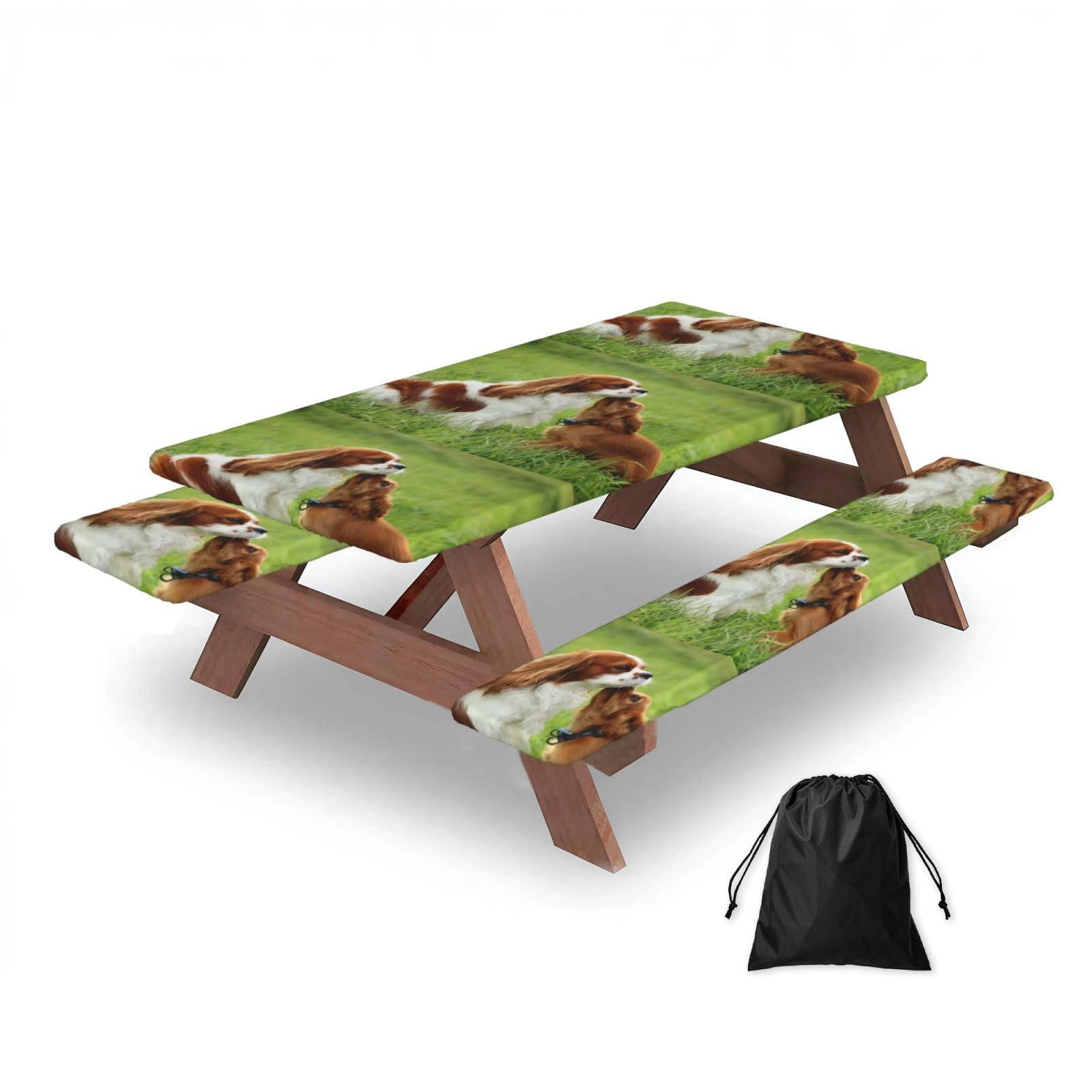 Dopklna As Picture Cavalier King Charles Spaniel, Picnic Table Cover With Bench Covers -Waterproof Elastic Fitted Tablecloth For Garden Camping Patio 76X152cm