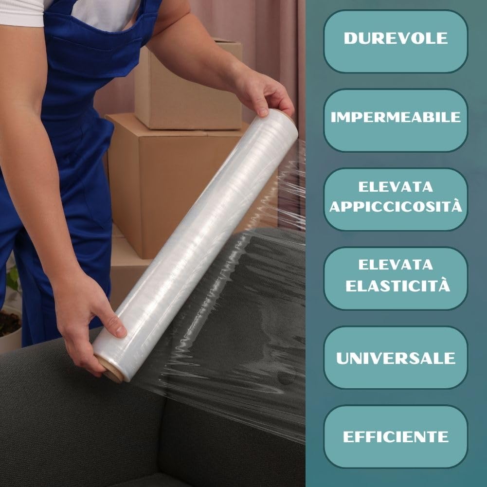 RAGO® Pellicola imballaggio 0,85 kg 2 pezzi 7,5 x 7,5 x 40 cm Film estensibile imballaggio I Pellicola imballaggio trasloco trasparente I Plastica per Imballaggio con dispenser