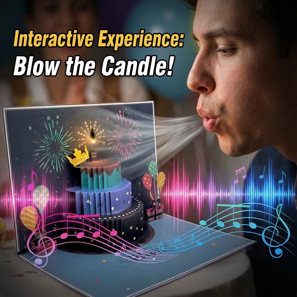 3D Pop Up Happy Birthday Cards for Men – LED Fireworks & Music with Blow The Candle, Gold Crown, 3D Balloons, Blue Design - Happy Birthday Card for Him - Dad, Husband, Boys & Son (8.27" x 5.27") - Image 5