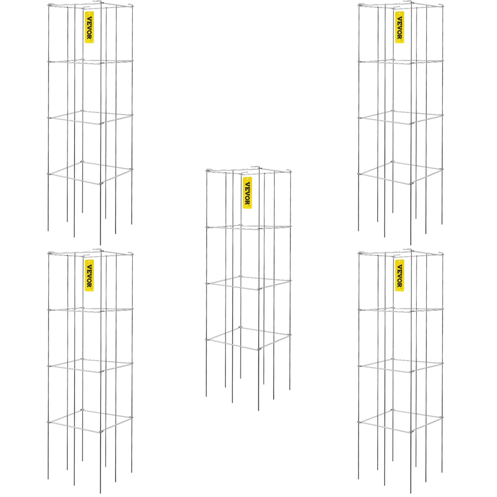 VEVOR Tomato Cages, 11.8" x 11.8" x 46.1", 5 Packs Square Plant Support Cages, Silver PVC-Coated Steel Tomato Towers for Climbing Vegetables, Plants, Flowers, Fruits