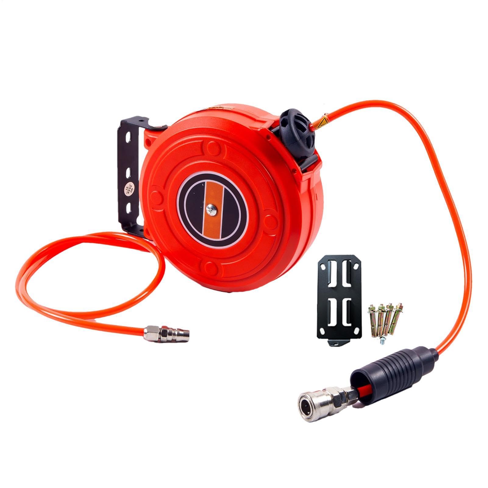 Enrollador de manguera de aire – Manguera de PU de 6 m | Portamanguera automático - Material PP robusto retráctil para taller, garaje, almacenamiento eficiente de mangueras de aire