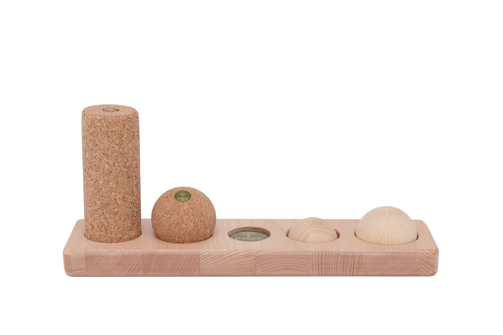 Fußtrainerset | Minifaszienrolle sowie Kugel aus Kork und Triggertool Set aus Holzhalbkugeln 5 & 6 cm | 4-teiliges Set Faszienball und Massagerolle mit Holzständer | inkl. Beutel