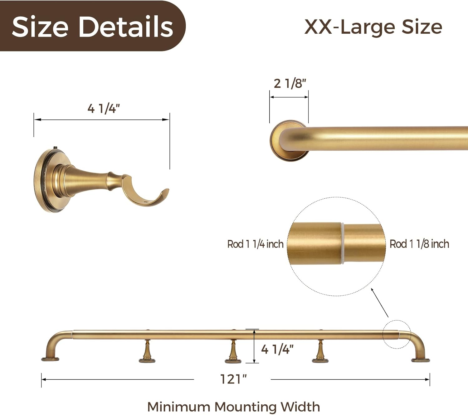 TWOPAGES French Return Curtain Rod 120 to 170 Inch, 1.25 Inch Gold Room Darkening Window Rod, Adjustable Wrap Around Blackout Curtain Rod for Living Room & Bedroom, Heavy Duty Metal, Burnished Brass