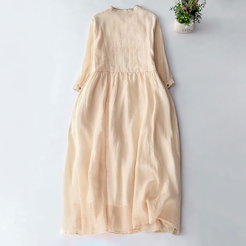 Amazon.com: Generic Women Cotton Linen Dress 3/4 Sleeve
