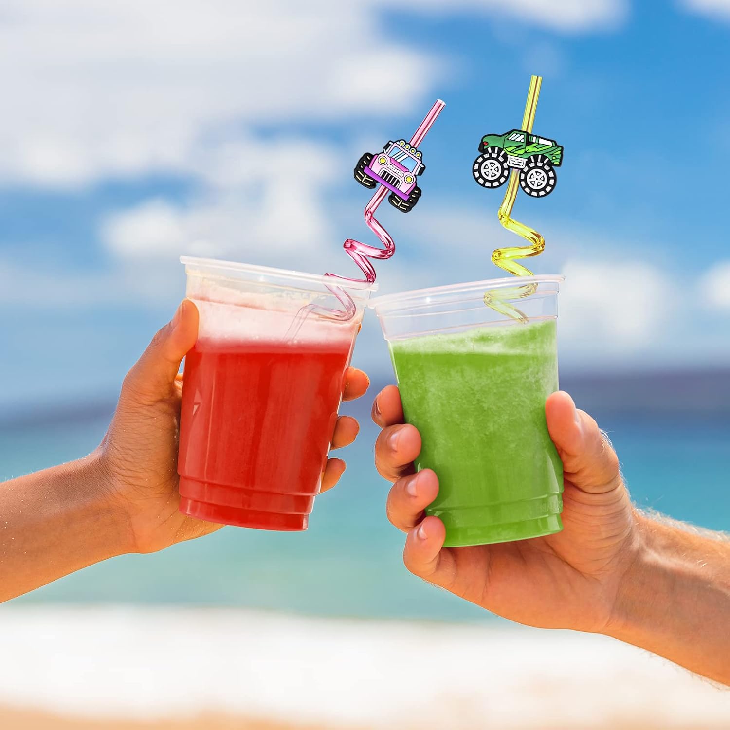 24 Monster Truck Party Car Reusable Styling Straws for Monster Truck Car Birthday Party Supplies with 2 Cleaning Brushes