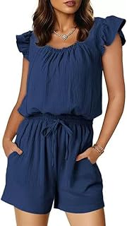 Damen Jumpsuit Sommer Elegant Eckigem Ausschnitt Playsuit Flatterärmel Overalls Casual Romper mit Kordelzug und Taschen