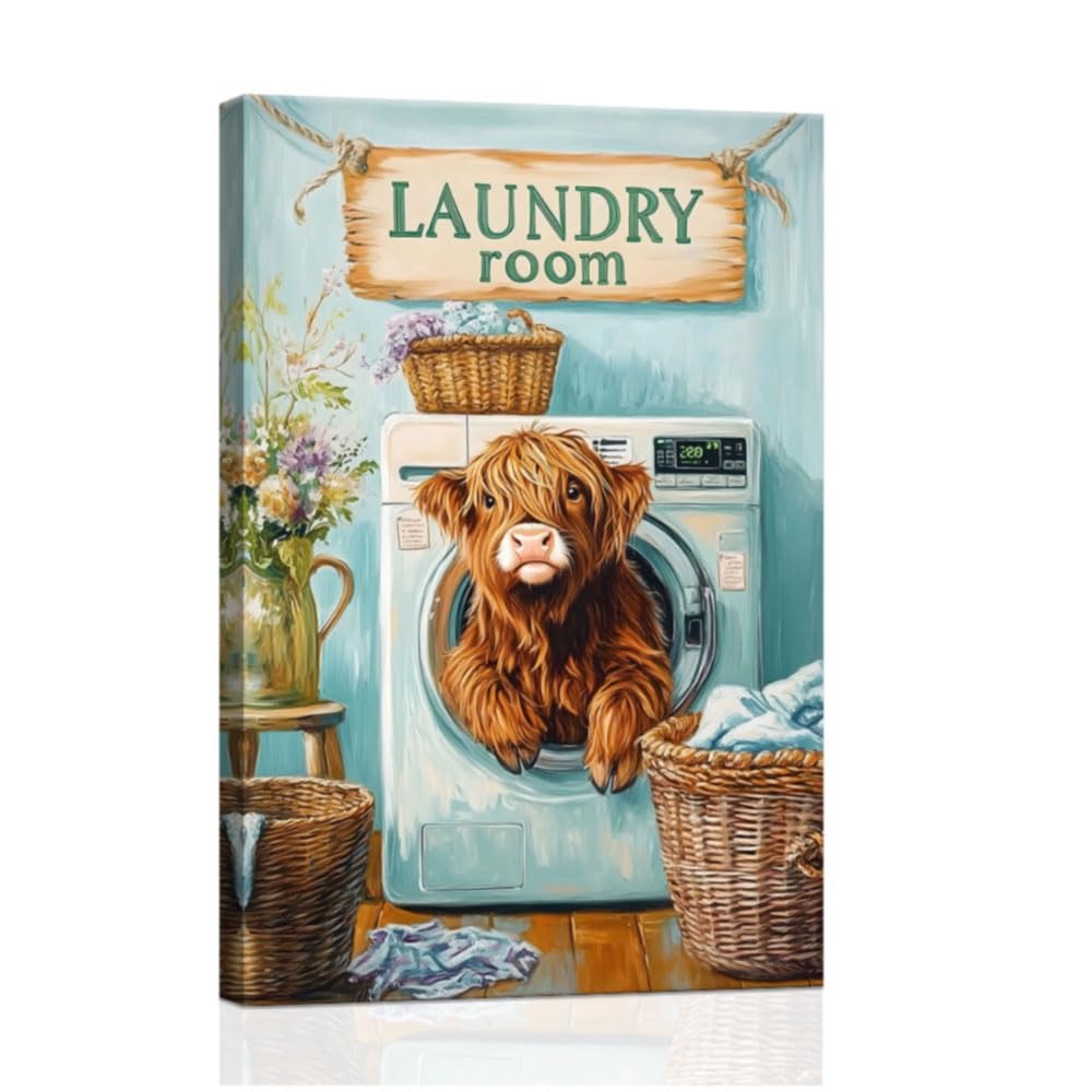 ZXHYWYM Wall Art Laundry Room Decor Highland Cow Painting Canvas Rustic Laundry Sign Pictures for Bathroom Laundromat Bedroom Hotel Decor Framed (60 x 90 cms)