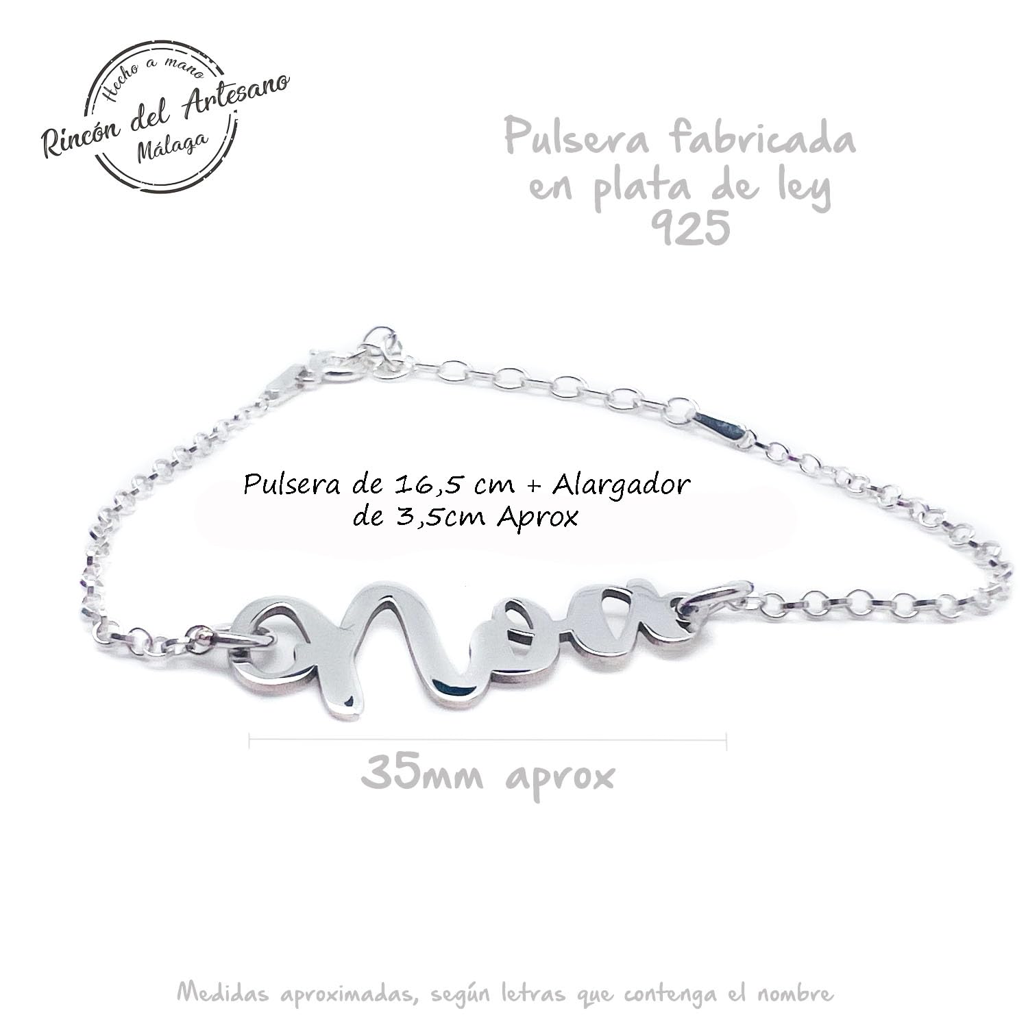 Pulsera Personalizada con nombre – Plata de Ley 925/1000 – Hecho a Mano en Málaga – Colgante Exclusivo, Regalo Día de la Madre y Navidad Modelo Noa