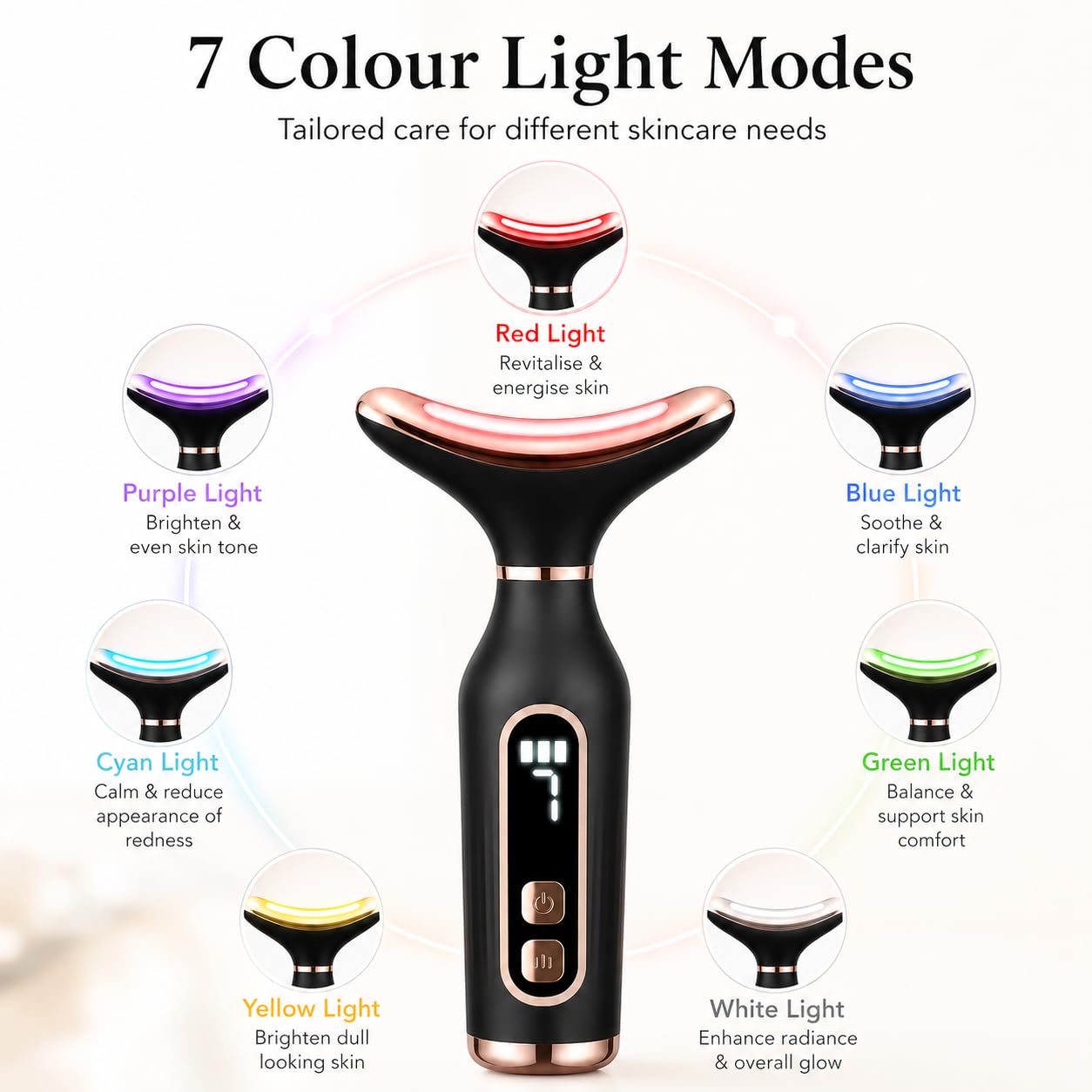 Massaggiatore viso nero ricaricabile, dispositivo di lifting facciale 7 in 1 con calore a 45 °C e terapia della luce LED, strumento elettrico per rassodare la pelle del collo, mascella del collo