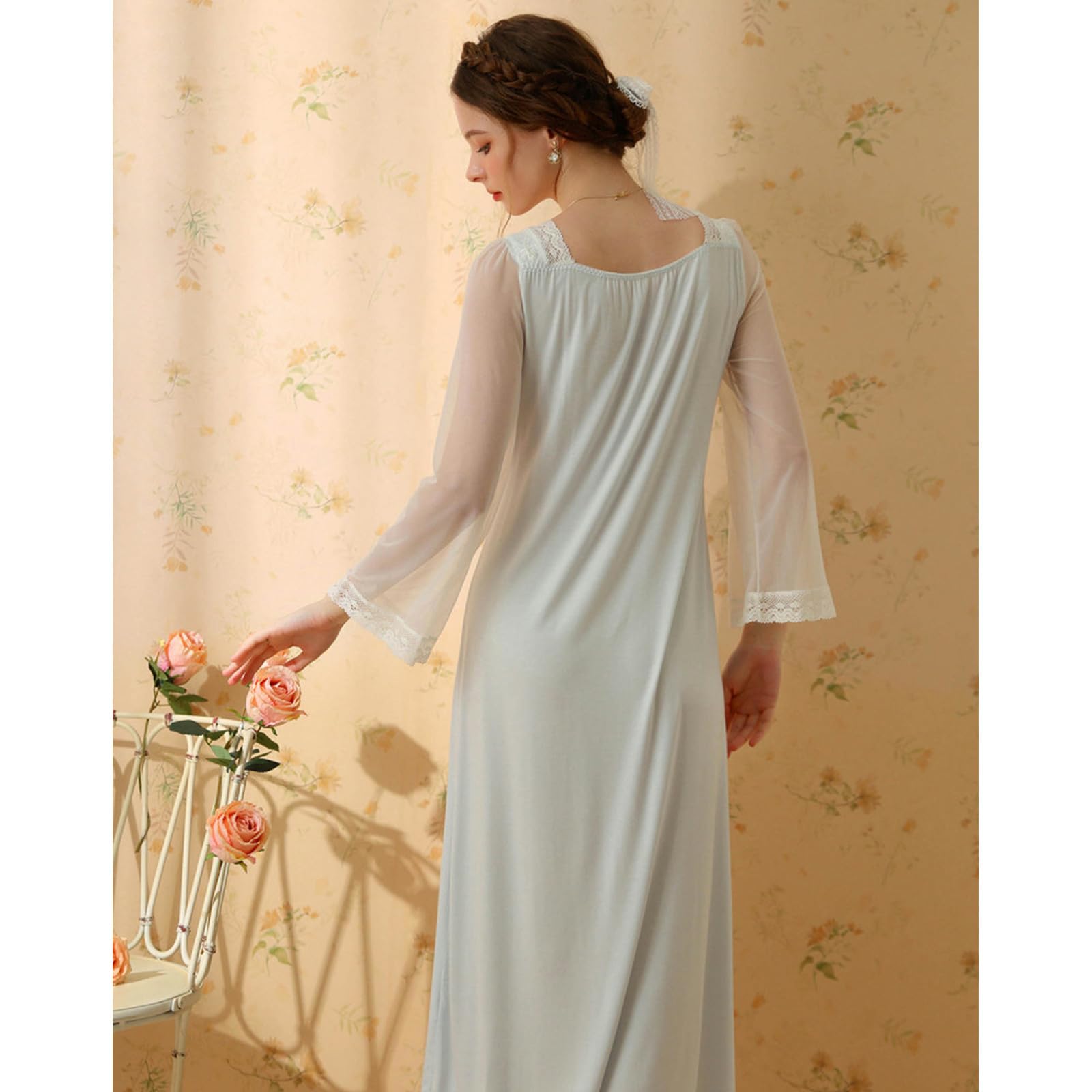 Nachthemd Damen Spitzennachtskleid Für Mädchen Frühling Und Herbst Langarm Süße Prinzessin Baumwolle V-Neck-Pyjama Mit Brustpolster-rosa-m