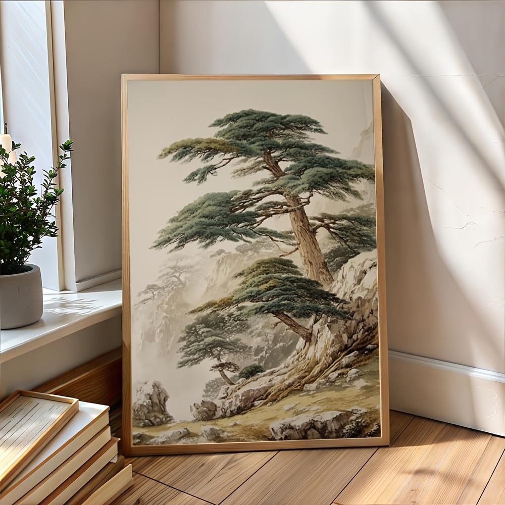 IXEHOH Quadro su Tela Pino Tradizionale Paesaggio Montano Giapponese Grandi Stampe su Tela Moderne Astratte per Soggiorno Toni Neutri Arredamento Minimalista Quadro Verticale 80x120cm