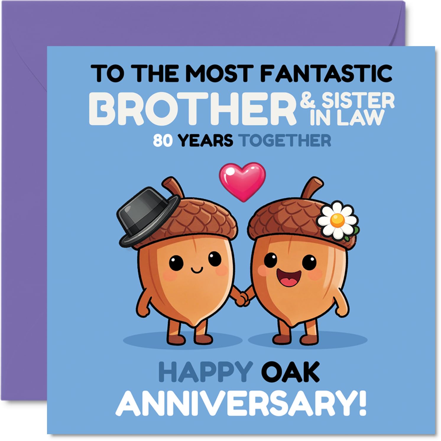 Cute 80th Anniversary Card for Brother & Sister in Law - Celebrate 80 Years Side by Side - 145mm Square, Envelope Included