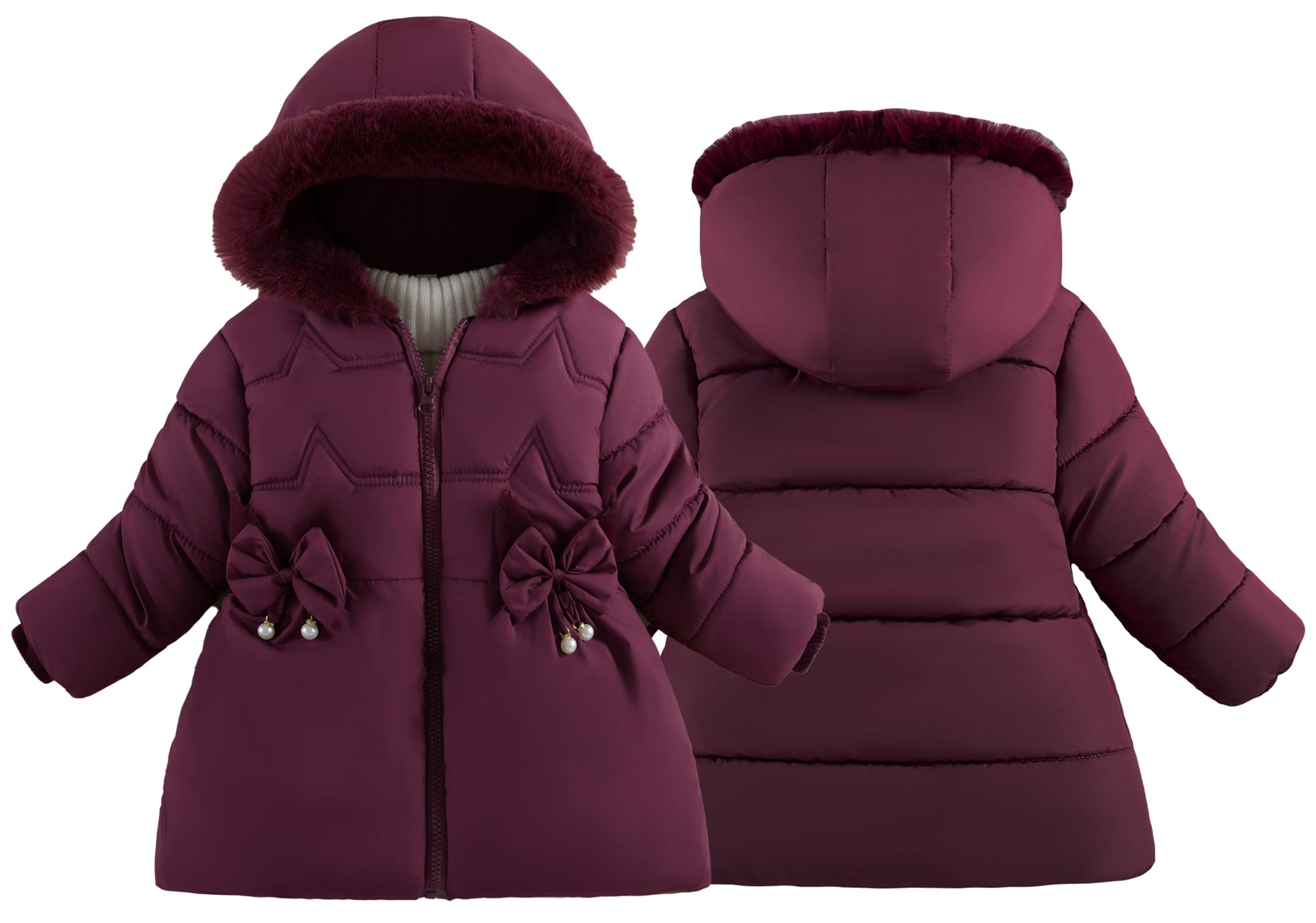 Maeau - Doudoune à Capuche Enfant Fille Parka Manteau Chaud Hiver Veste en Coton Matelassée Fermeture Éclair Manteau Duvet avec Poches Nœud Papillon 1-5 Ans