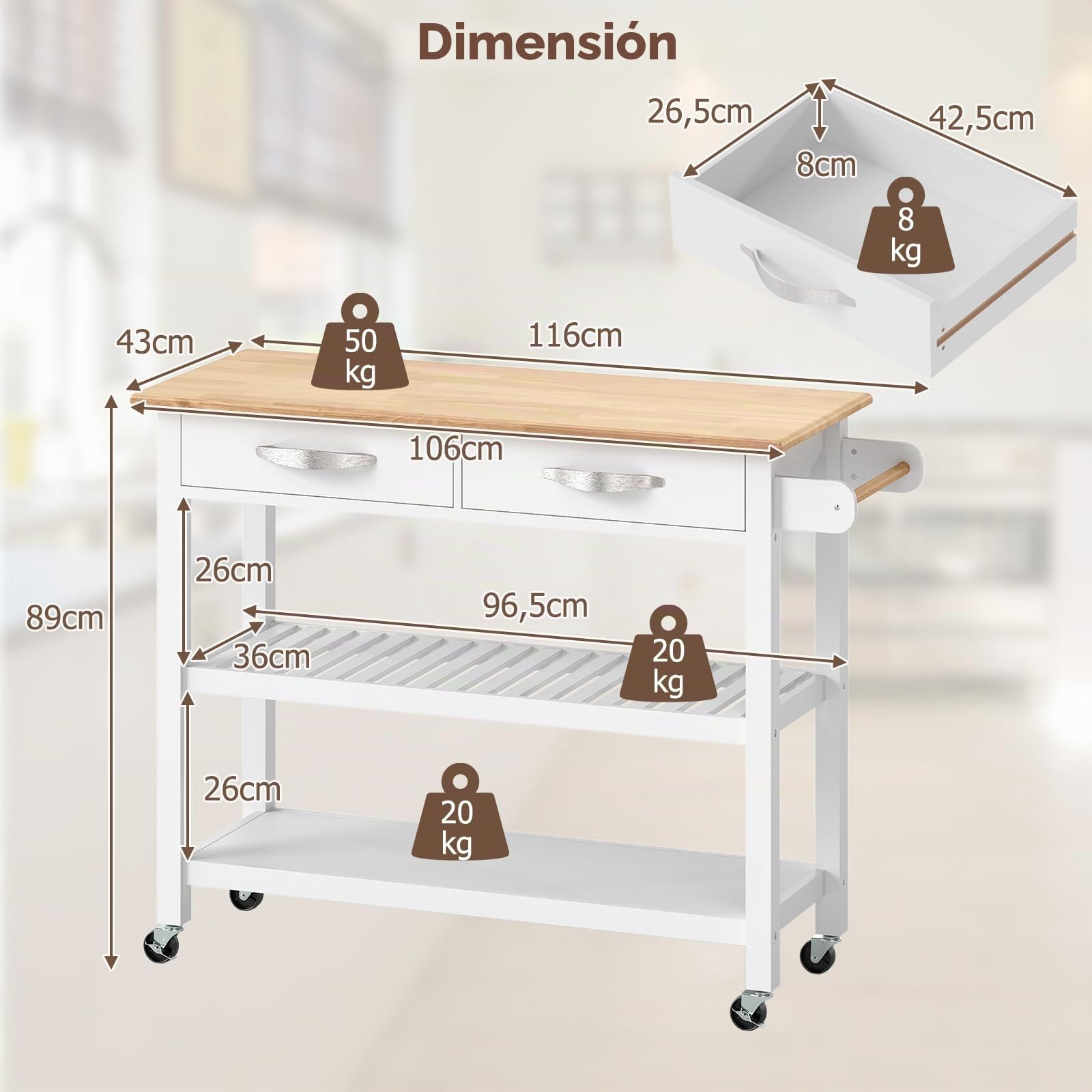 KOMFOTTEU Carro de Cocina de Madera con Ruedas, Carrito Auxiliar con 2 Cajones y 2 Estantes Abiertos, Isla de Cocina Móvil con Toallero Lateral, para Comedor, Bar, 116 x 44 x 89 cm (Blanco)