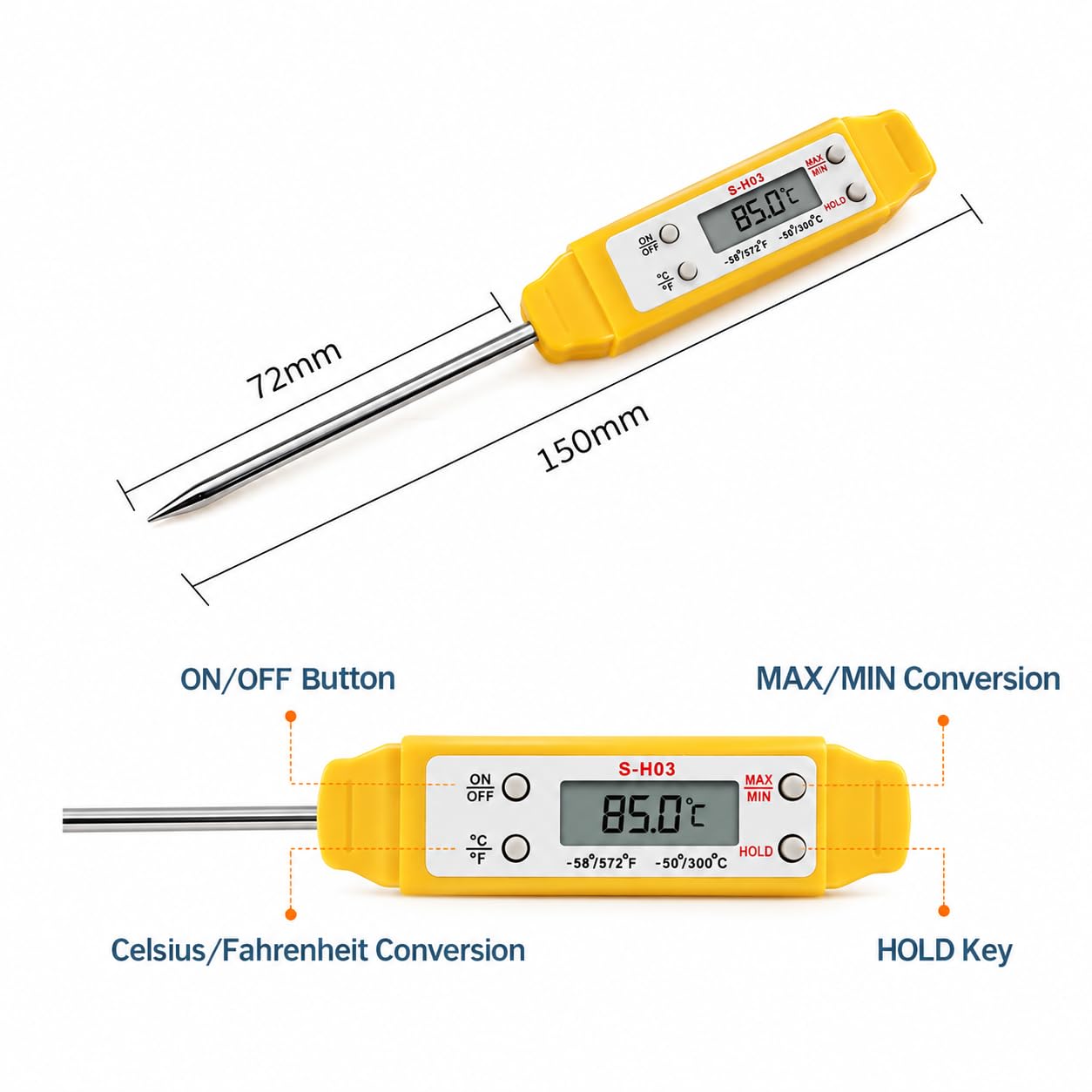 Meat Thermometer - Digital Food Thermometer for Cooking Kitchen - Automatic Calibration Pen Style Electronic Pocket Thermometer for Water Temperature, Barbecue (Yellow)