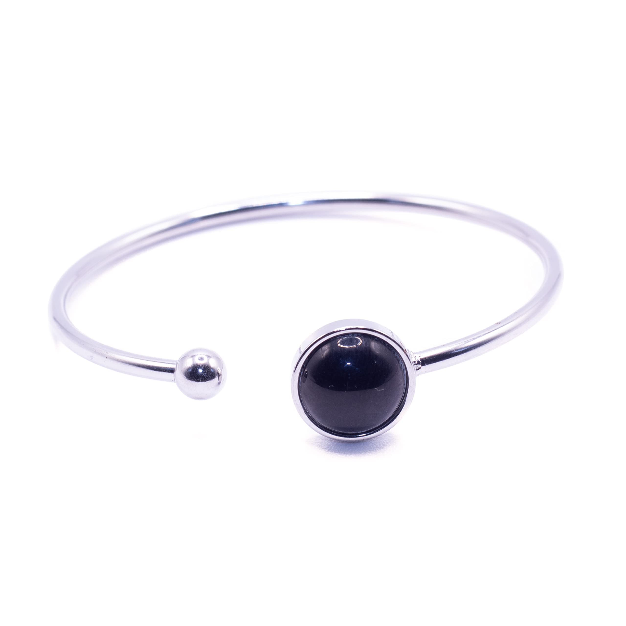 Handmade Pulsera de piedra y acero inoxidable. Pulsera flexible, con piedra natural curativa energética. Amuleto de protección. Brazalete mujer. Ideal para regalar. (Obsidiana, Acero inoxidable plateado)